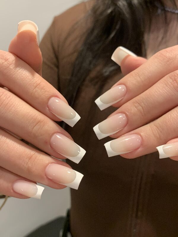 Long square French Gel-X at KK Nail Studio, Long Island City nail salon