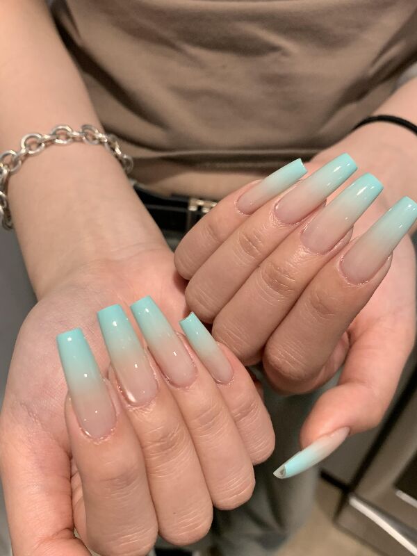 Mint ombre Gel-X coffin nails at KK Nail Studio, Long Island City nail salon