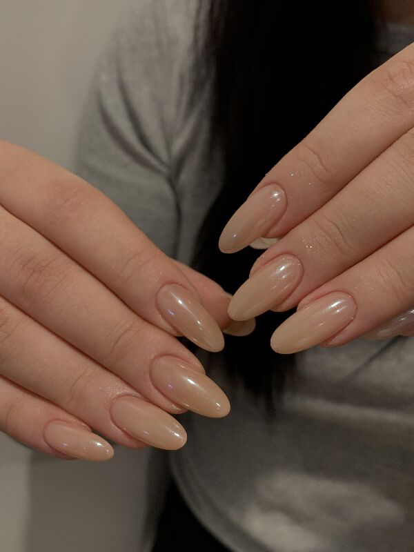 Nude chrome Gel-X almond set at KK Nail Studio, Long Island City nail salon