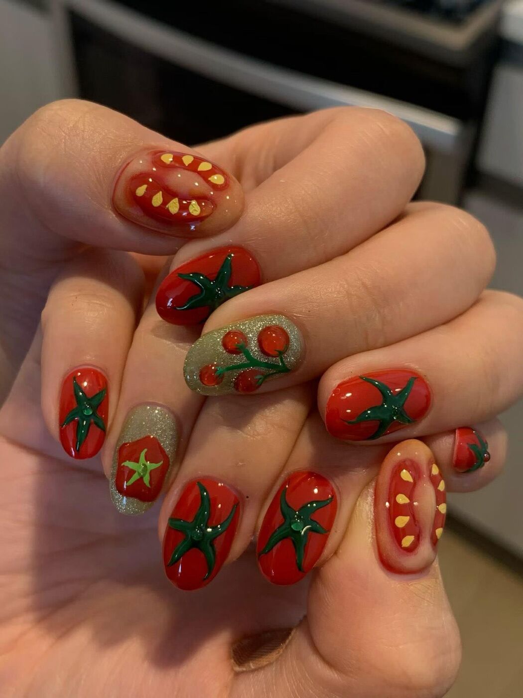 Red 3D strawberry nail art at KK Nail Studio, Long Island City nail salon